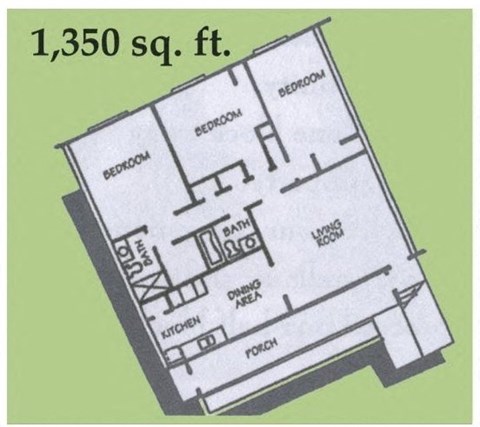 Floor plan for 3 beds, 2 baths, 1350 sqft